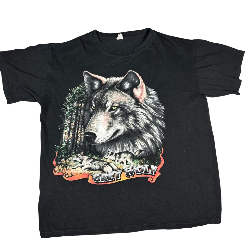 Vintage Grey Wolf T-Shirt Keya Mens L‎ Black Graphic Nature Tee